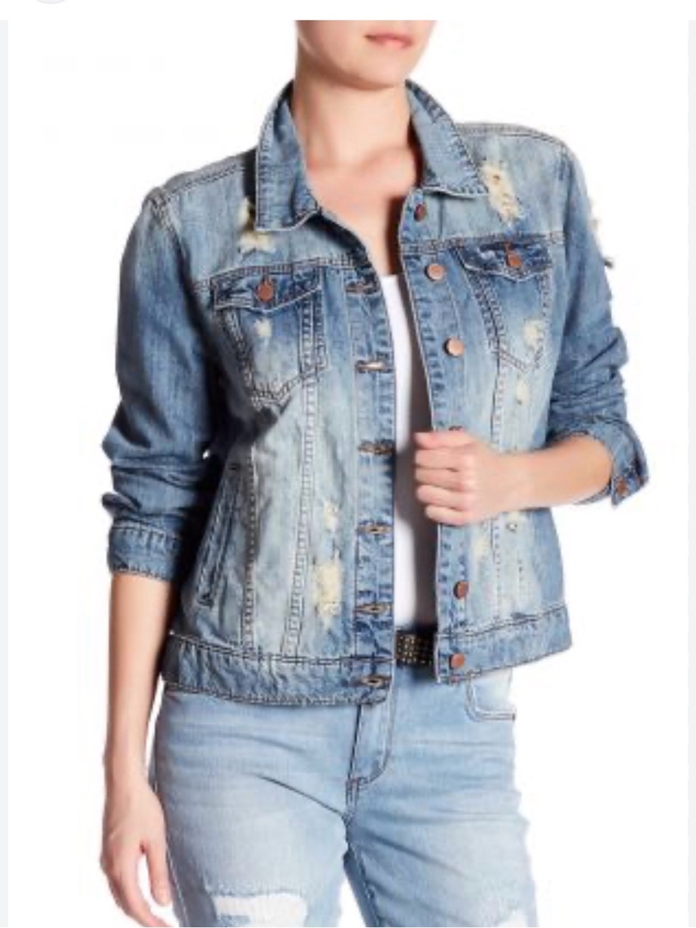 Distressed Denim Jacket Vintage Wash Cropped Medium Wash Jean Jacket size L
